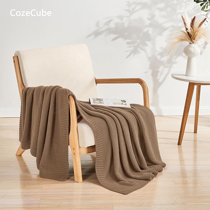 CozeCube Caramel Brown Throw Blanket for Couch, Soft Cozy Cable Knit Throw for Bed Sofa Living Room, Lightweight Warm Decorative Farmhouse Christmas Blanket, 50"x60", Light Brown