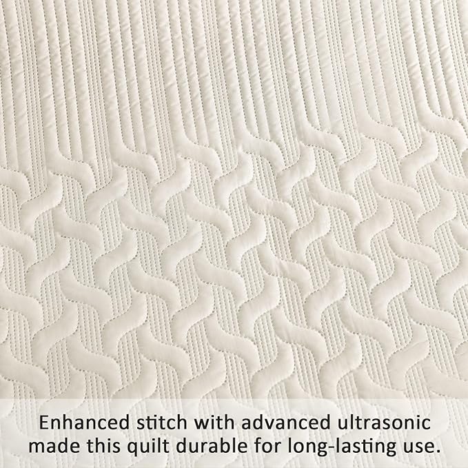 Yiran Beige Quilt Set Queen Size Lightweight Bedspread Ultrasonic Wave Pattern Soft Microfiber Coverlet for All Season Modern Style 3 Piece Bed Cover Sets with 2 Pillow Shams (96"x90")