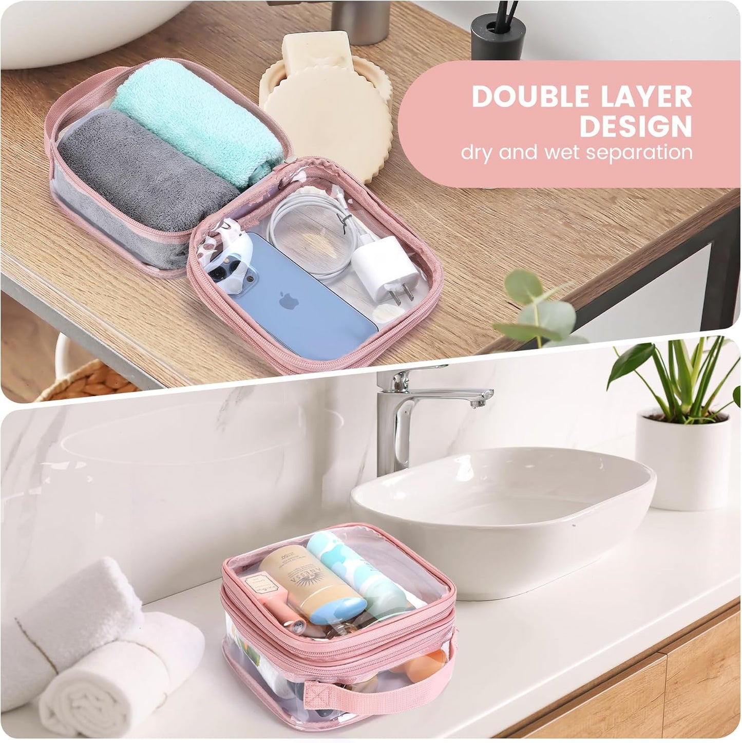 TSA approved small toiletry bag - clear travel pouch carry on case organizer reusable see-through pvc plastic small （pink