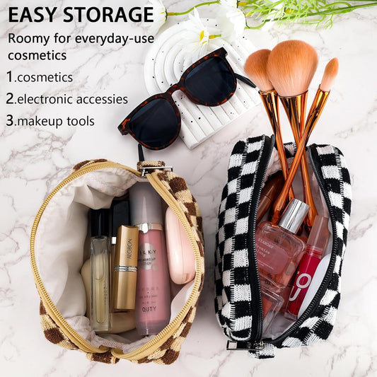 ZLFSRQ 2Pcs Checkered Pencil Case Cute Pencil Pouch for Teens Checkered Makeup Bag Medium Travel Cosmetic Bag Preppy Makeup Pouch for Purse Aesthetic Zipper Toiletry Bags Organizer(Black/Brown)