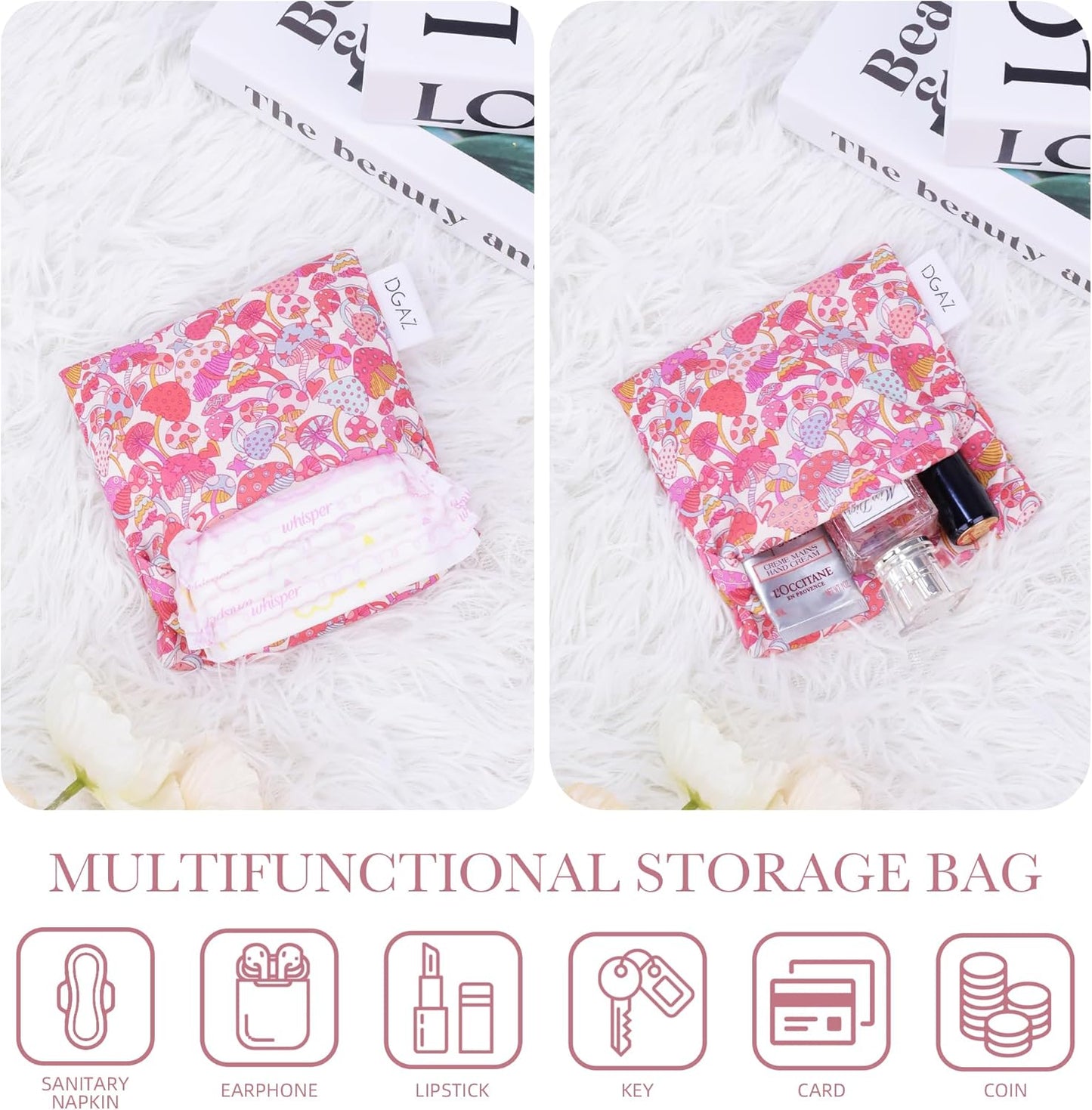 DGAZ Sanitary Napkin Storage Bag, Period Bag for Teen Aged Girls, Portable Period Bag for Panty Liners/Menstrual Cup/Small Tampons，Mini Makeup Bag for Purse(Dream Mushroom)