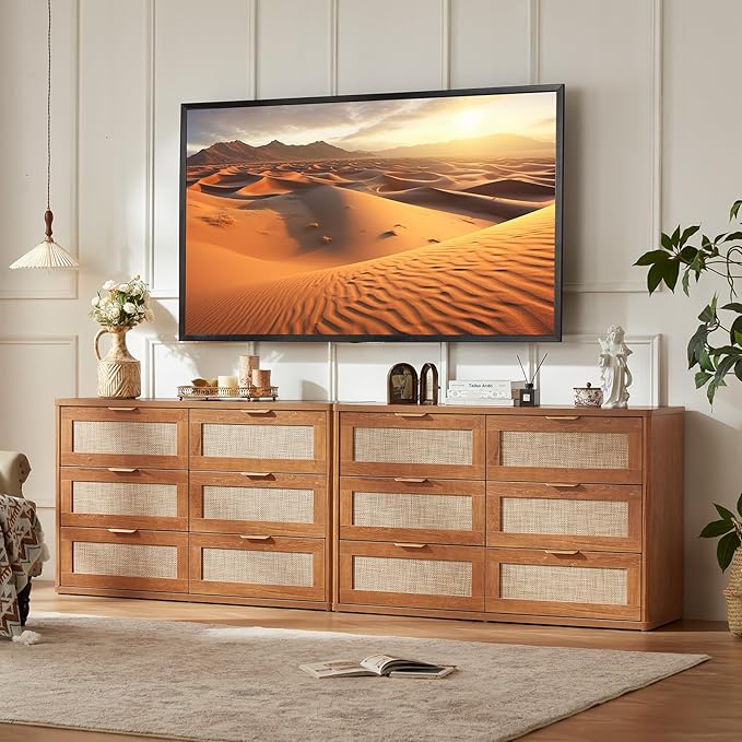 LEYAOYAO Rattan Dresser and Nightstand Set of 2, Boho Wood Dresser for Bedroom with 6 Drawers and Night Stand with Charging Station, Bedroom Furniture, Dressers & Chests of Drawers,Living Room,Hallway