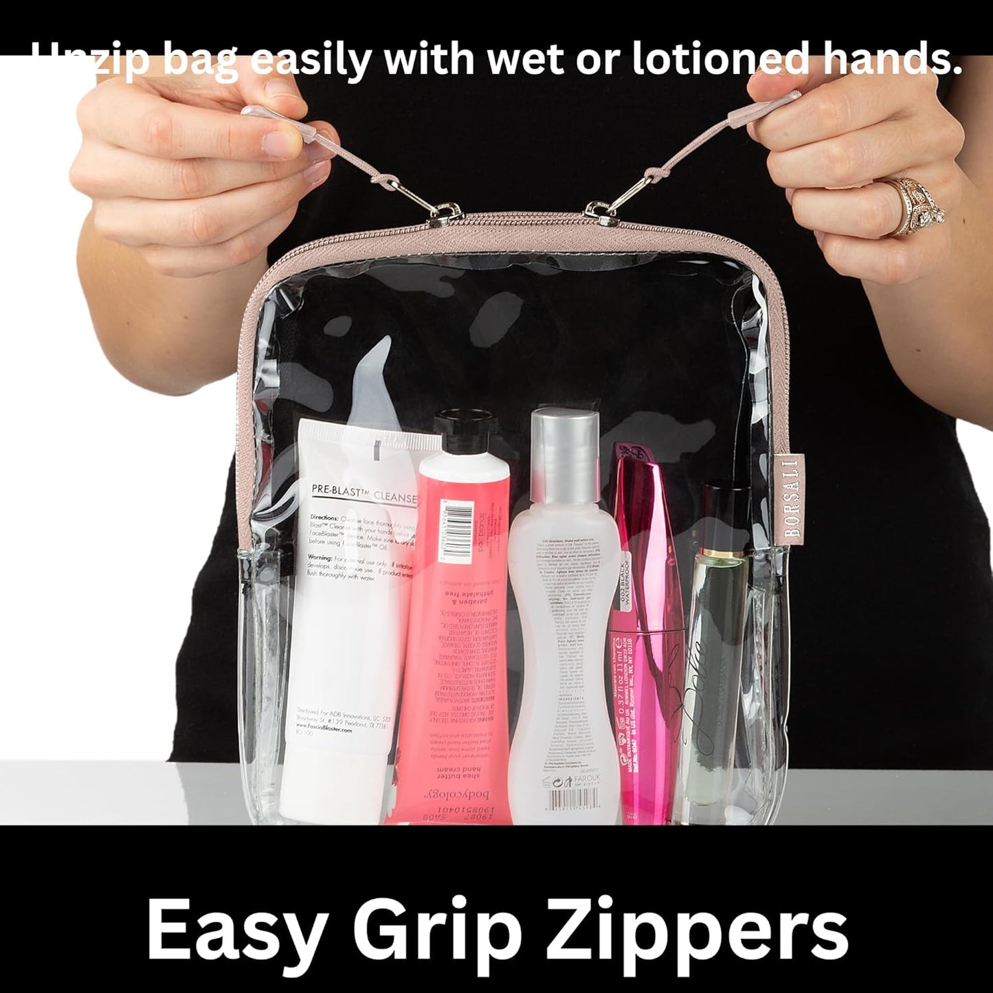 BORSALI TSA-Approved Quart-Sized Bag for Carry-On Travel - One (1) Quart Clear Toiletries, Cosmetic and 3-1-1 Liquids Toiletry Bag - Taupe