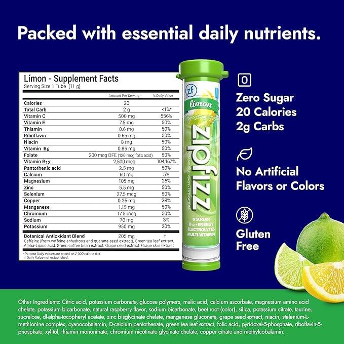 Zipfizz Daily Energy Drink Powder, Limon, 20 Pack | 3-in-1 Sustained Energy, Rapid Hydration, and Essential Vitamins | Sugar-Free | Electrolyte Powder | Contains Vitamin B-12 & Antioxidants