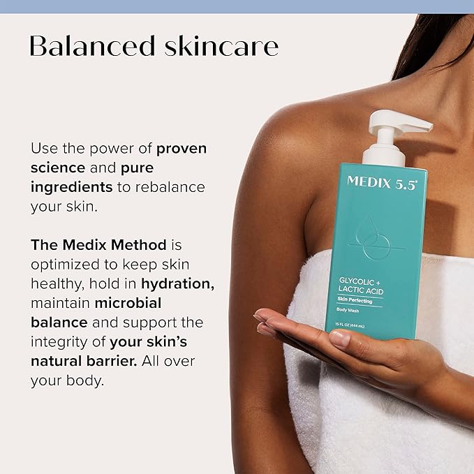 Medix 5.5 Body Scrub Skin Care Glycolic Acid Exfoliating Body Cleanser KP Bump Eraser | AHA + Lactic Acid Anti Aging All Skin Type Wash | Keratosis Pilaris & Acne | Foaming Body & Face Wash, 15 Fl Oz