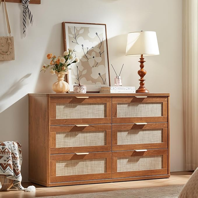 LEYAOYAO Rattan Dresser and Nightstand Set of 2, Boho Wood Dresser for Bedroom with 6 Drawers and Night Stand with 3 Drawer, Bedroom Furniture, Dressers & Chests of Drawers, Living Room, Hallway