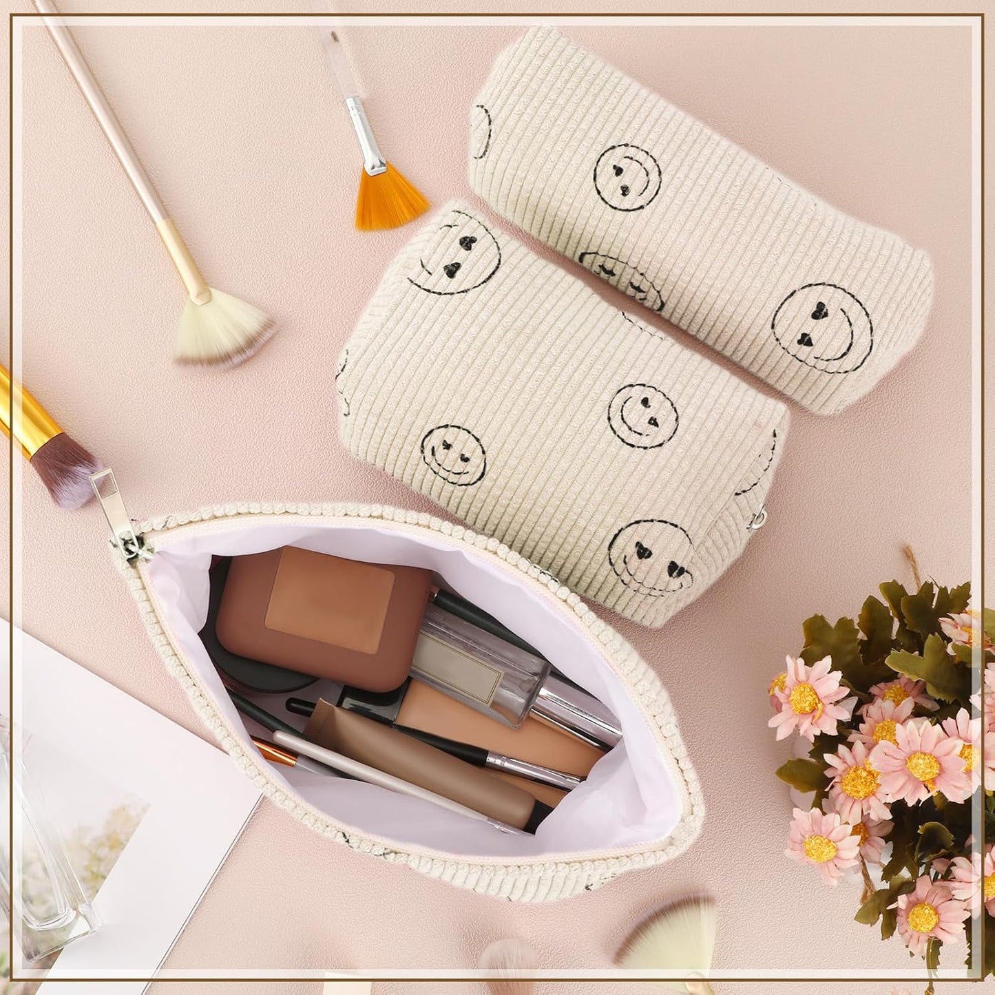3 Pcs Makeup Bag Set for Women Corduroy Cosmetic Pouch Aesthetic Smile Travel Toiletry Bag Cute Purse Pouch Pencil Case Makeup Brushes Storage Organizer for Christmas(Beige,Smile Face)
