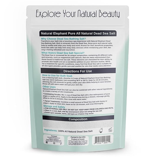 Natural Elephant Dead Sea Bath Salt | 1 Pound Bag (16oz) | 100% Natural and Pure| Fine Grain | Ideal for Baths and Soaks