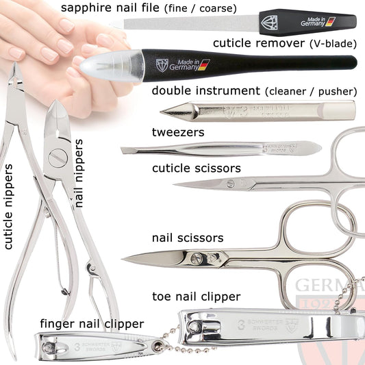 3 Swords Germany - brand quality 11 piece manicure pedicure grooming kit set for professional finger & toe nail care scissors clipper fashion leather case in gift box, Made by 3 Swords
