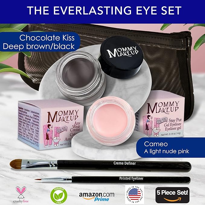 The Everlasting Eye 5 Piece Waterproof Makeup Set. Gel Eyeliner, Creme Eyeshadow, 2 brushes and Mesh Bag. Paraben-free, Talc-free, Cruelty-free. Cameo/Chocolate Kiss 2302