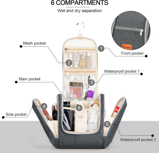 Hanging Toiletry Bag for Women & Men, Cruise Ship Travel Essentials, Holds Full Size Shampoo, with Dry and Wet Separation Cosmetic Bag, Makeup Organizer Bag, Bathroom Water-resistant Bag, Grey