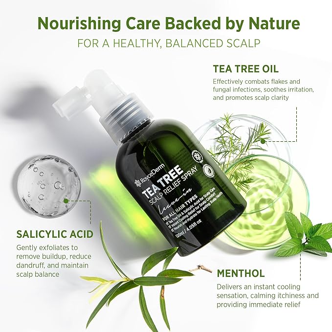 RoyceDerm Tea Tree Scalp Relief Spray: Leave-In Scalp Care for Dry, Flaky, and Itchy Scalp - Tea Tree Oil Formula for Comfort, Hydration, and Balance - Conditioning Support for Women & Men