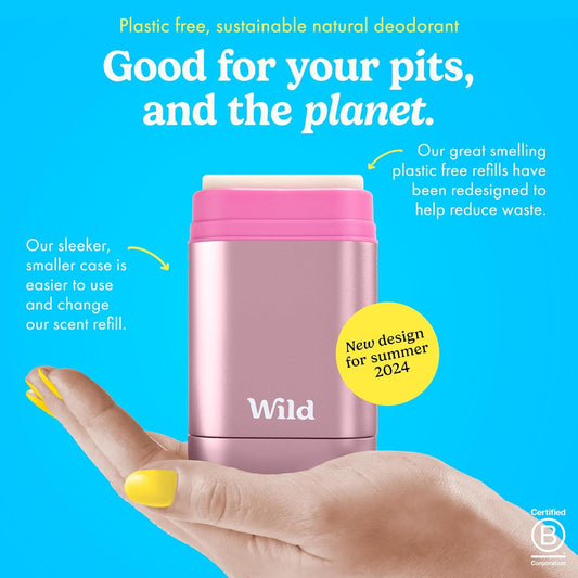 Wild - Refillable Deodorant Starter Kit with Pink Case and Fresh Cotton & Sea Salt Scented Refill 1.4oz - Aluminum Free - Long Lasting Protection - Vegan