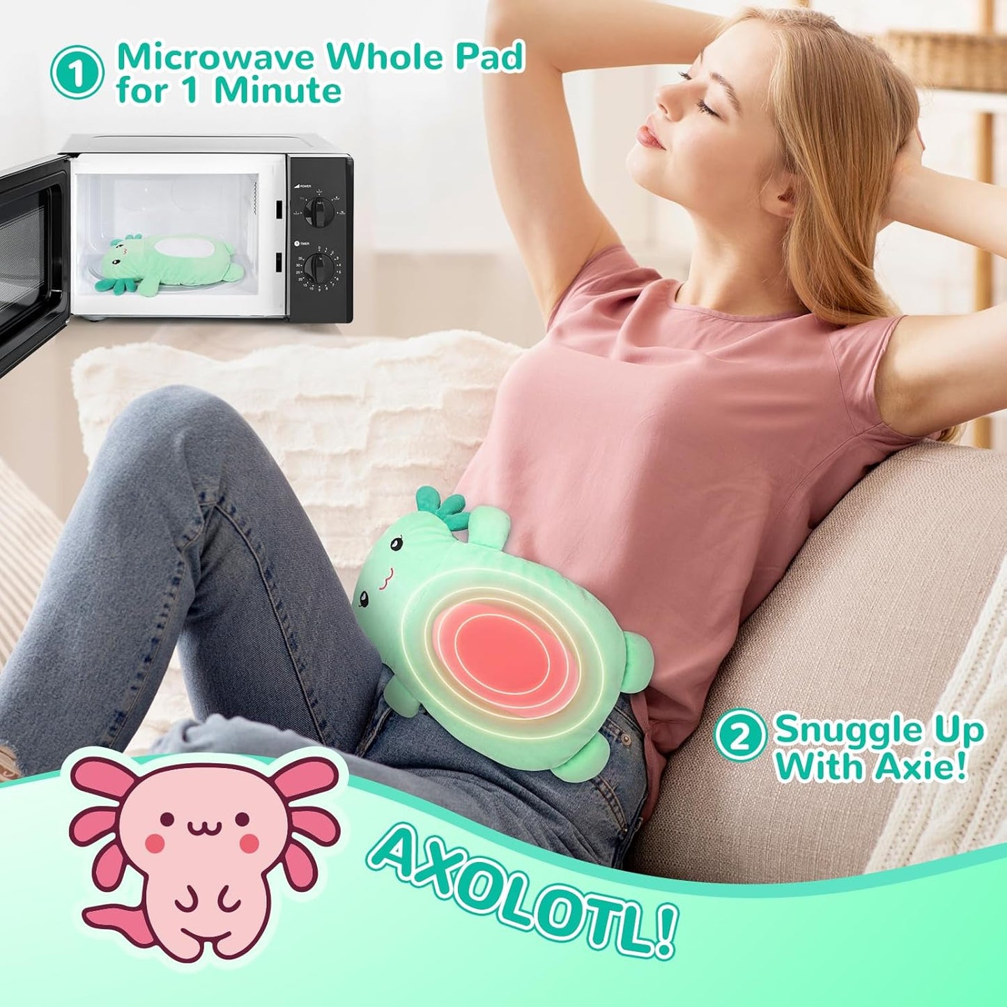Microwave Heating Pad for Pain Relief, 16" x 11" Microwavable Heating Pads for Cramps, Back Pain, Neck Shoulder, Muscles, Knee, Joints, Natural Heat Pack Moist Heat, Mint Axolotl
