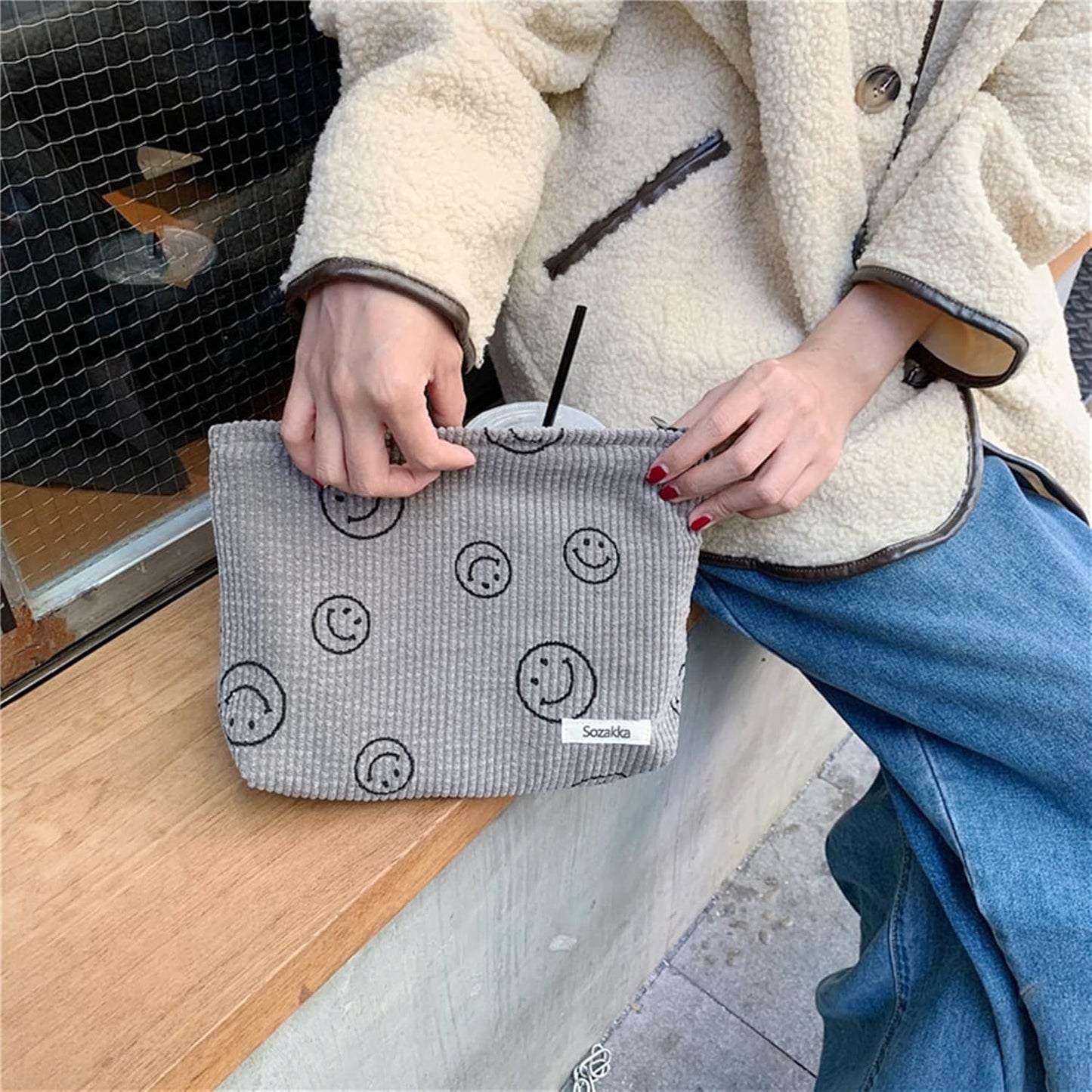 Cosmetic Bags for Women - Corduroy Cosmetic Bag Aesthetic Women Handbags Purses Smile Dots Makeup Organizer Storage Makeup Bag Girls Case Bags (A-Gray)