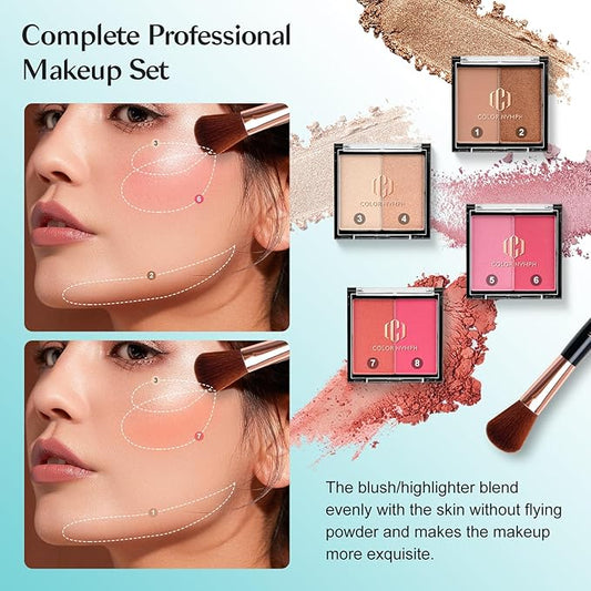 Color Nymph All In One Makeup Kit Comestics Gifts for Girls Teens, Travel Makeup Set 4 Trays Train Case for Beginner Includes Eyeshadow Highlighter Lipgloss Blush Concealer Brush Eyeliner Lipbalm