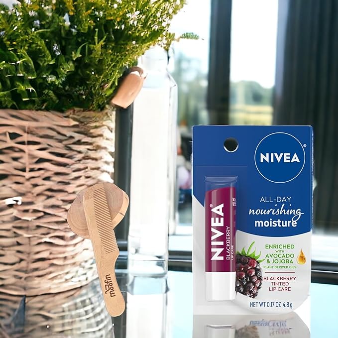 Nivea Lip Balm Hydrating, 0.17 Oz, Enriched with Avocado & Jojoba for Soft, Smooth Lips, Hydrating Lip Balm Includes Moofin Wooden Comb, Blackberry Scent, Lip Balms & Moisturizers, [Pack of 4]