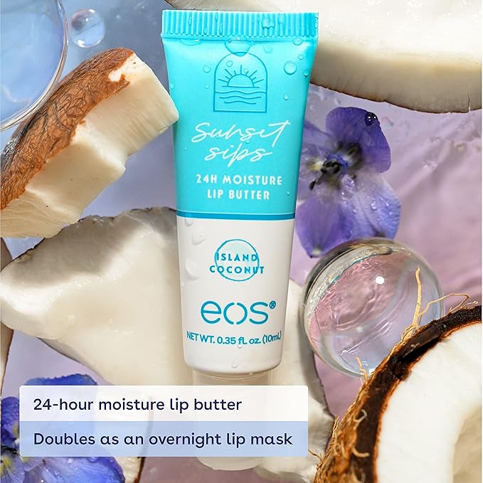 eos Sunset Sips Lip Butter Tube- Island Coconut, 24-Hour Moisture, Overnight Lip Mask, Lip Care Products, 0.35 fl oz (Pack of 2)