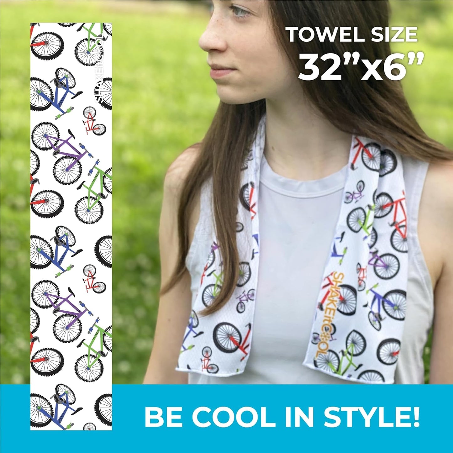 SHAKEitCOOL Original Cooling Towel – Be Cool in Style - Heat Relief, Soft, Lightweight, Sun Protection, Easy Clean - Perfect for Biking, Running, Yoga, Gym, Gardening - Kid Bike