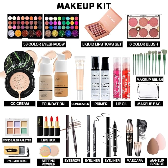 Makeup Set Makeup Set for Women Girls Teens Full Kit, Makeup Present Set for Beginners and Professionals Include Eyeshadow Palettes, Foundation, CC Cream, Liquid Lipsticks Set
