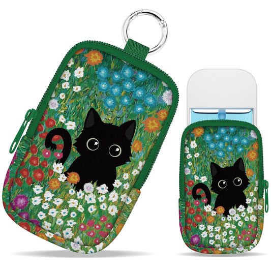 Floral Black Cat Hand Sanitizer Spray Case, Cute Hand Sanitizer Holder Zippered Pouch, Fashion Accessory with Snap Hook for Glow Mist and Power Mist 1FL OZ