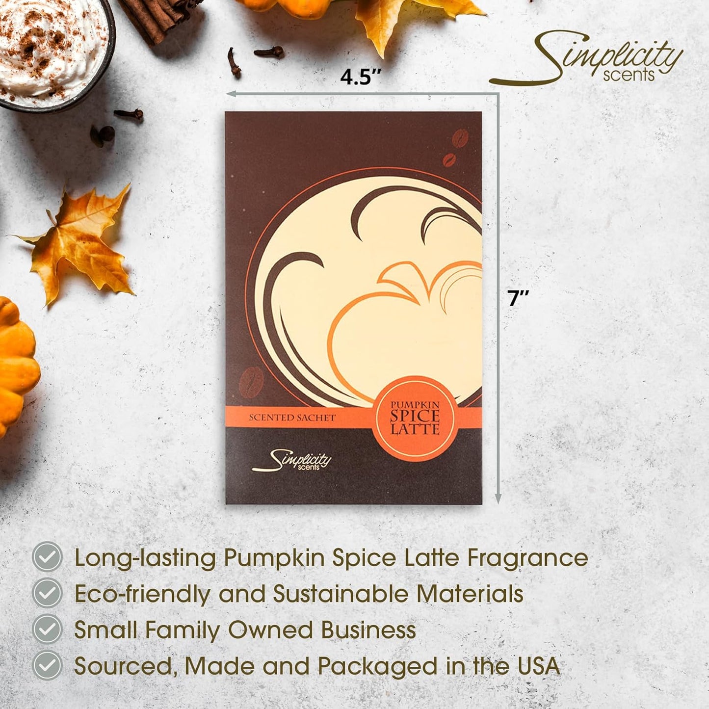 Pumpkin Spice Latte Scented Sachets Pack of 6, Fall & Winter - Long-Lasting Scented Bags, Home Fragrance, Air Freshener & Deodorizer for Closet, Room, Drawer, or Cars, Made in USA