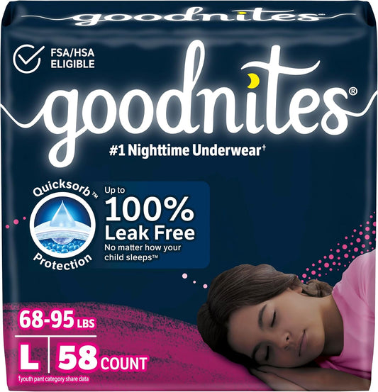 Goodnites Girls' Nighttime Bedwetting Underwear, Size Large (68-95 lbs), 58 Ct (2 Packs of 29), Packaging May Vary