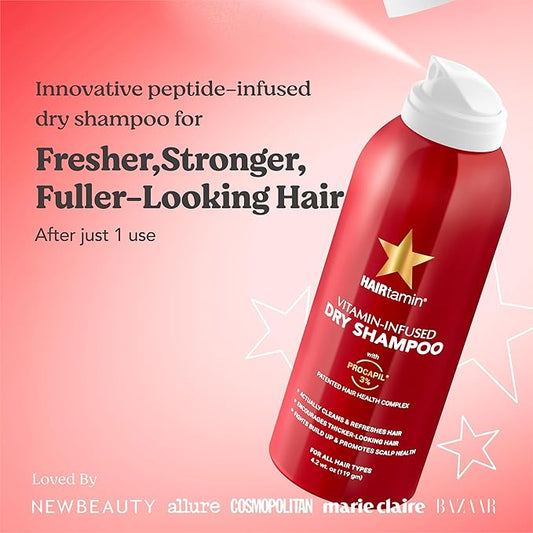 HAIRtamin Vitamin Infused Dry Shampoo for Women | Hair Texture Spray that Cleanses & Refreshes | Hair Complex for Healthy Thicker-Looking Hair | Procapil 3% & Vitamins for Scalp Health | Talc Free