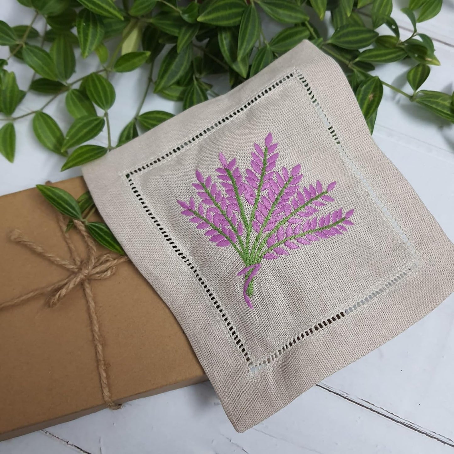 Hcraft Hand Embroidered Lavender Sachet Bags, 6"x6" Set of 3 Embroidery Natural Linen, Lavender Sachets for Drawers and Closets, Dried Lavender
