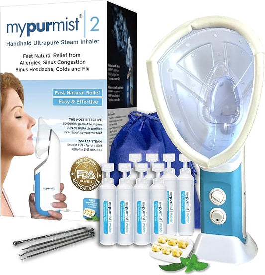 Mypurmist® Essential Kit Plus Facial Steam - Steam Inhaler & Facial Steamer Combo, Personal Handheld Ultrapure Steam - Sinus Congestion Cold Cough Relief Vocal Care Skincare (Plug-in)