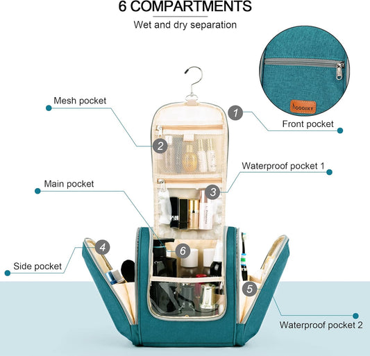 Hanging Travel Toiletry Bag for Women and Men, 6 Organizer Compartments, Extra Large Toiletries Bag, Bathroom Cosmetic Bag, Water-resistant Makeup Bag, Holds Full-Size Shampoo, Blue