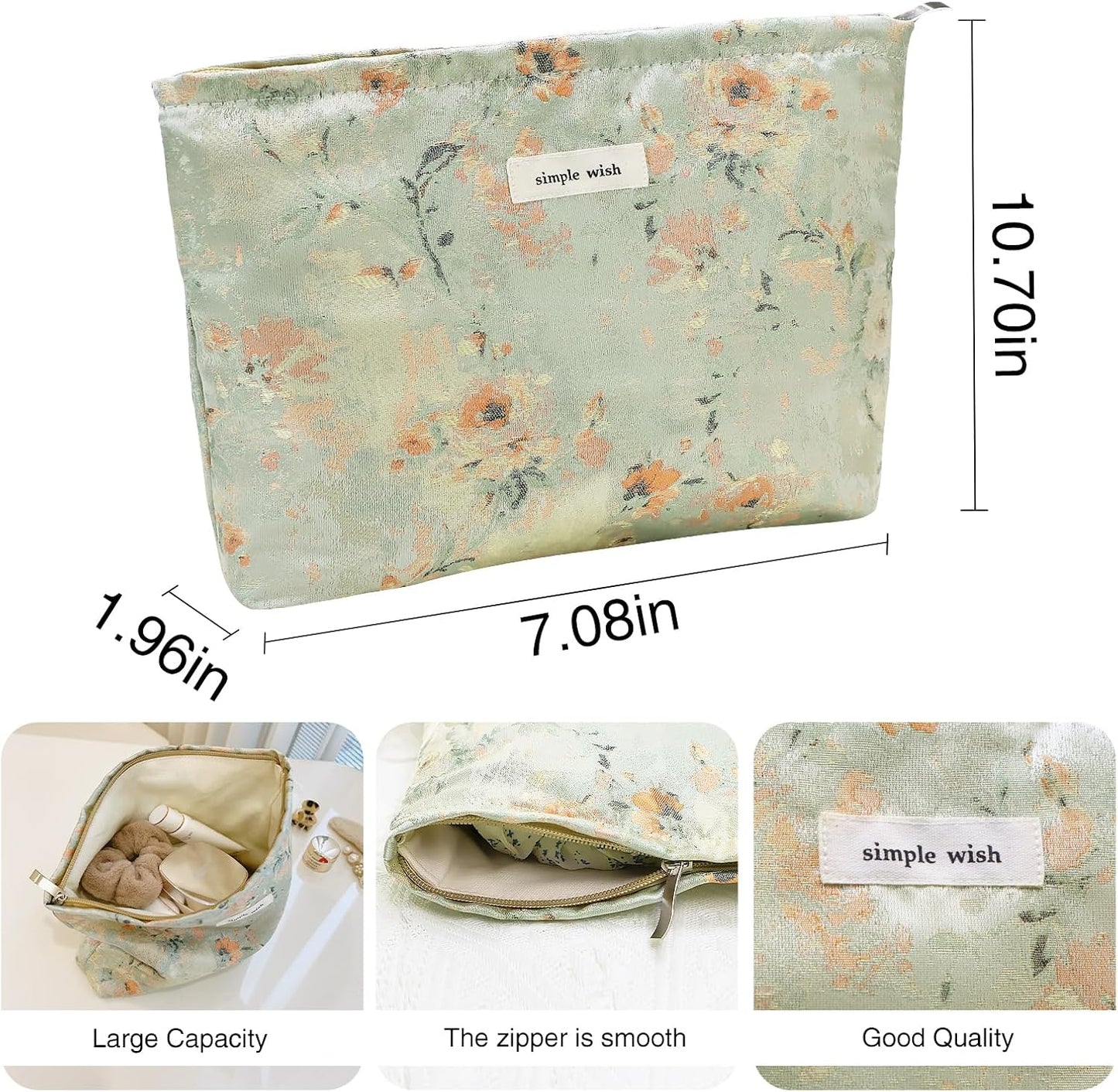 Wudygirl Aesthetic Makeup Bag Large Capacity Cosmetic Bag Canvas Makeup Pouch Toiletry Bag for Women and Girls Travel Floral Make up Bag Makeup Organizer with Zipper (Oli Rose)