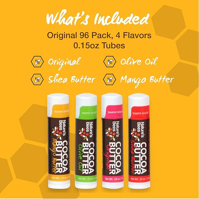 Nature's Bees - Cocoa Butter Lip Balm Moisturizer - Original 96 Pack, 4 Flavors - Original, Shea Butter, Mango Butter, Olive Oil - Made w/Coconut Oil, Beeswax, Vitamin E, Aloe - 0.15oz (4.2g)