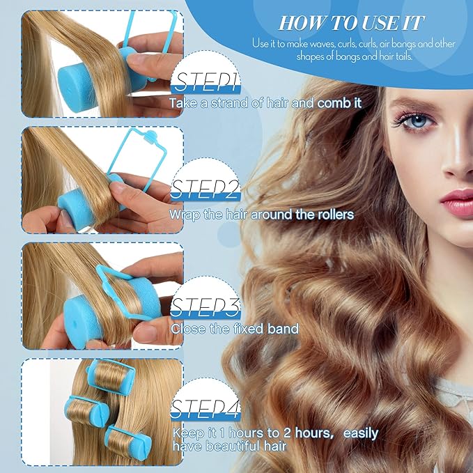 Geyoga 18 Pieces Sponge Hair Rollers Large Soft Foam Hair Styling Curlers Large Size Hairdressing Curlers for Women(1.4 x 2.6 Inches,Blue)