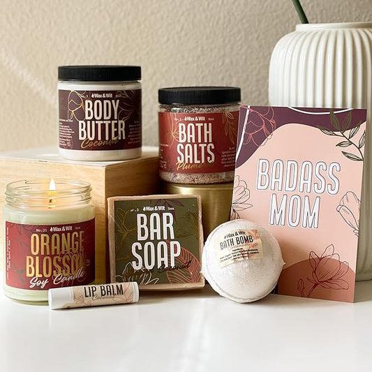 WAX & WIT Gifts for Mom, Luxury Spa Set for Mom: Heartfelt Mother's Day & Birthday Pampering Kit | Handcrafted 7-Piece Relaxation Set from Daughter, Son - Mom Birthday Gifts, Mothers Day Gifts