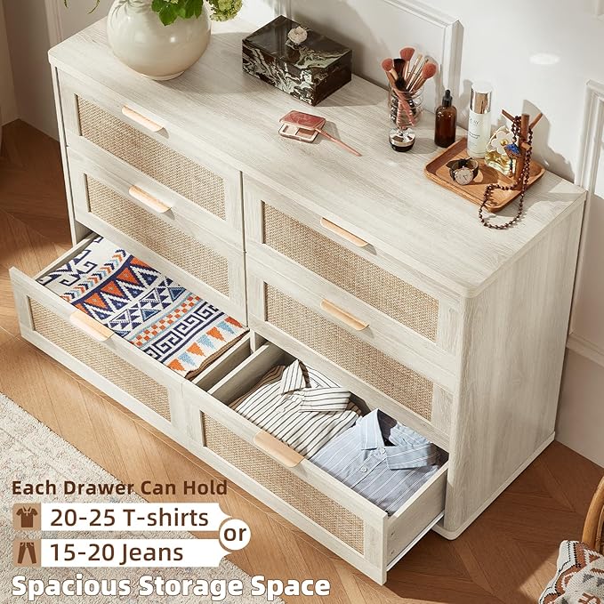 LEYAOYAO Rattan Dresser and Nightstand Set of 2, Boho Wood Dresser for Bedroom with 6 Drawers and Night Stand with Charging Station, Bedroom Furniture, Dressers & Chests of Drawers,Living Room,Hallway