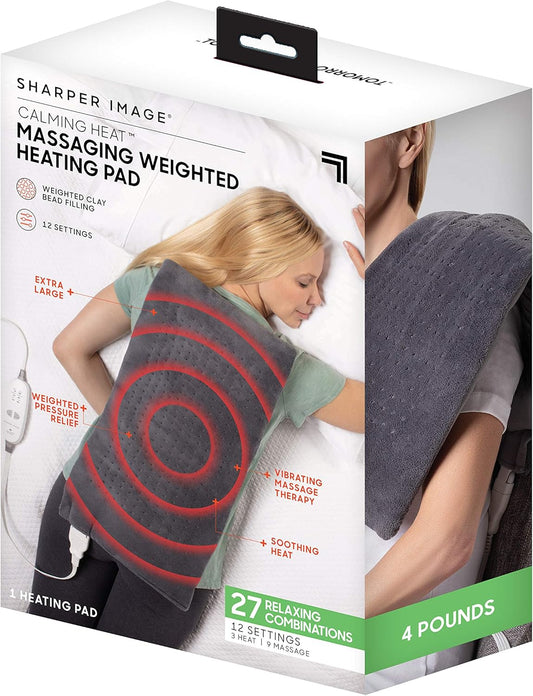 Calming Heat Massaging Weighted Heating Pad by Sharper Image- Electric Heating Pad with Massaging Vibrations, Auto-Off,12 Settings- 3 Heat, 9 Massage- 27 Relaxing Combinations, 12” x 24”, 4lbs