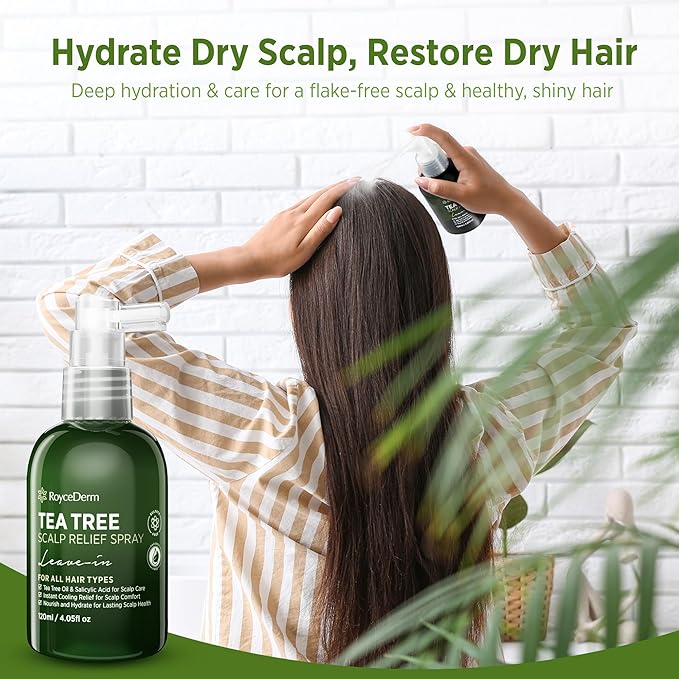 RoyceDerm Tea Tree Scalp Relief Spray: Leave-In Scalp Care for Dry, Flaky, and Itchy Scalp - Tea Tree Oil Formula for Comfort, Hydration, and Balance - Conditioning Support for Women & Men