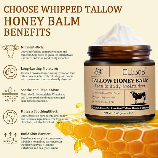 Whipped Tallow Cream for Face & Body - 100% Grass-Fed Beef Tallow, Natural Honey & Beeswax Moisturizer, Deep Hydration & Nourishment, Oil-Free & Unscented, Fast Absorbing