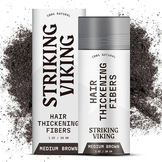 Striking Viking Hair Fibers for Thinning Hair (Medium Brown) 28g - Naturally Derived - Long Lasting Powder, Undetectable, Thicker Look for Men & Women