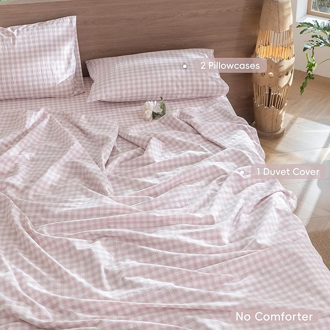 MooMee Gingham Duvet Cover Set 100% Washed Cotton Linen Like Textured Breathable Durable Soft Comfy Modern Checkered Design (Classic Gingham Greyish Pink, Full 80"x90")
