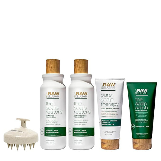 Raw Sugar Dry Scalp Treatment & Hair Care Bundle (5 Products) Intensive Ritual At Home Spa Kit, Shampoo, Conditioner, Scalp Scrub, Hair Mask & Massager, Formulated without Sulfates & Parabens