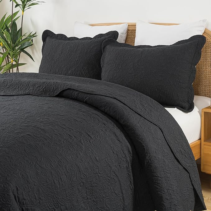HoneiLife Queen Quilt Bedding Set - Microfiber Quilt Sets for Queen Bed, 3-Piece Lightweight Bedspreads,Reversible Coverlets Rustic Bedlinen Sets, Floral Bedding Set All Season Quilts-Black