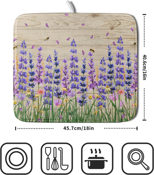 Lavender Floral Dish Drying Mat 16x18 inch Spring Summer Flower Decorative Fast Dry Dishes Drainer Mats Reversible Washable Dish Rack Pad