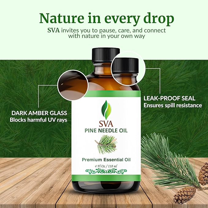 SVA Pine Needle Essential Oil – 4 Fl Oz – 100% Natural Pine Needle Oil - for Diffuser, Hair Care, Face, Skin Care, Aromatherapy, Scalp and Body Massage, Soap and Candle Making – with Dropper