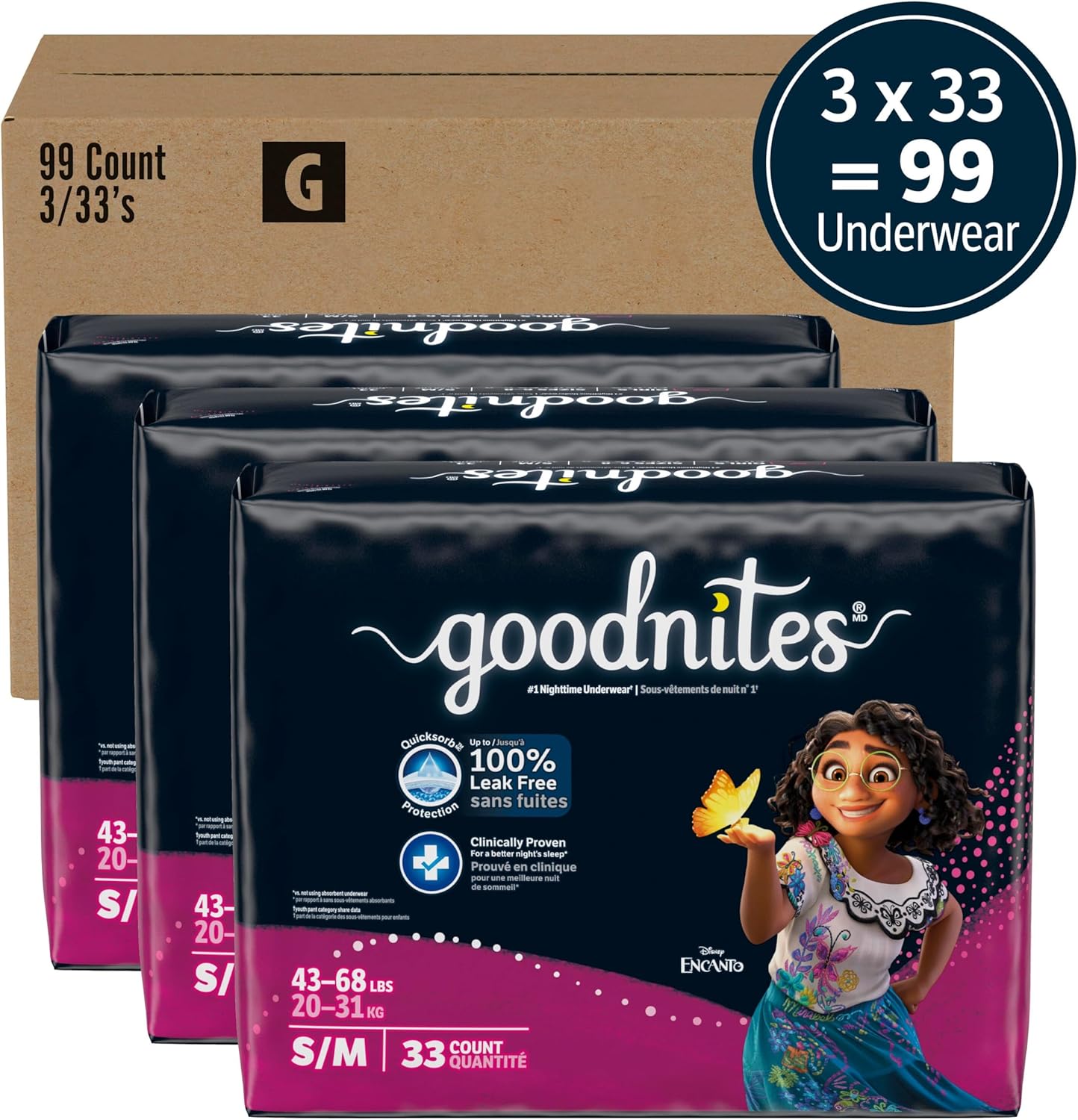 Goodnites Girls' Bedwetting Underwear, Size S/M (43-68 lbs), 99 Ct (3 Packs of 33), Packaging May Vary