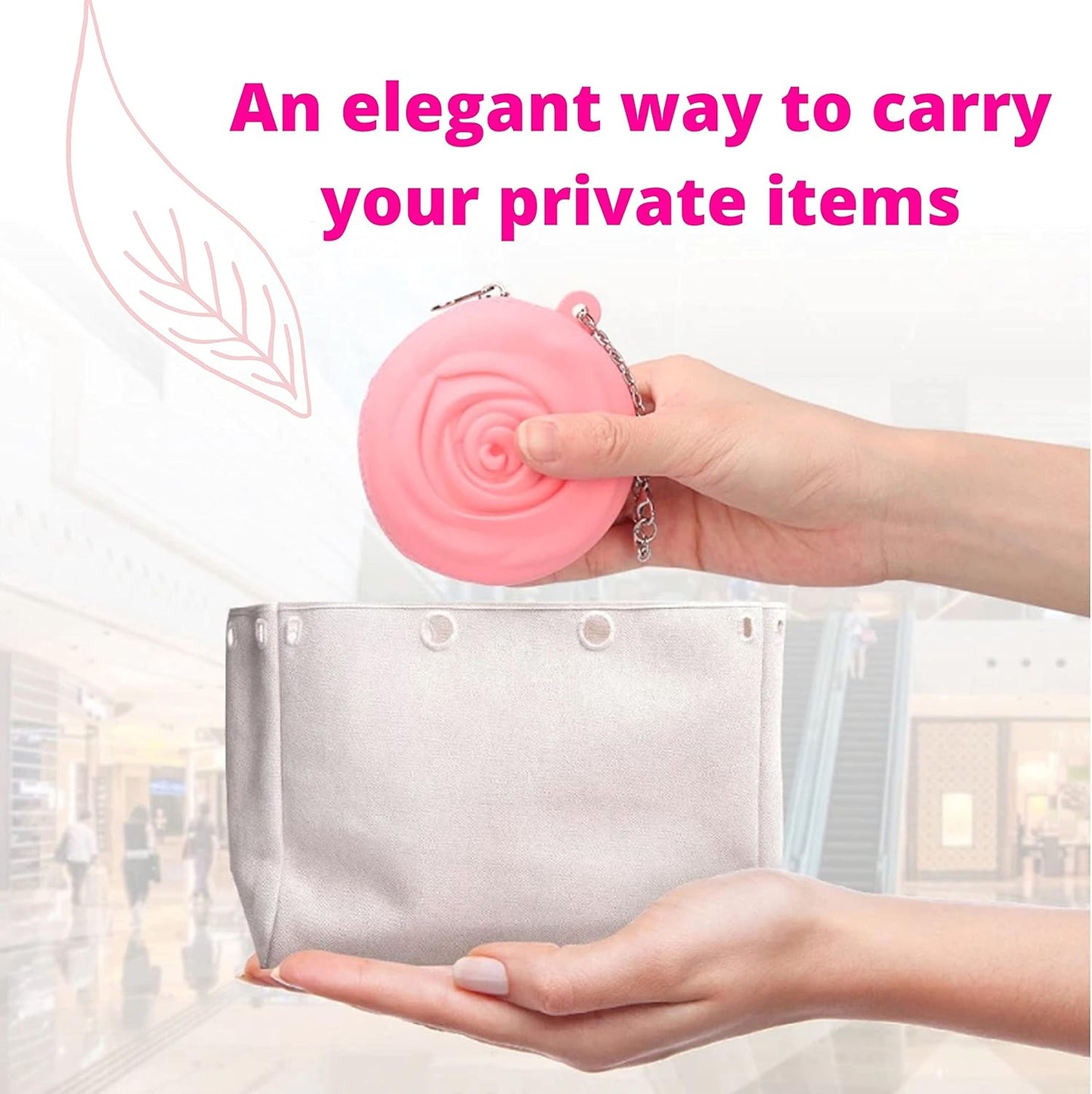 Menstrual Period Cup Case Storage Bag | Rose Design + Silicon Material | Easy to carry, clean, and use | Metal Chain attached | Multi-use for small items (Cup not included) Pink
