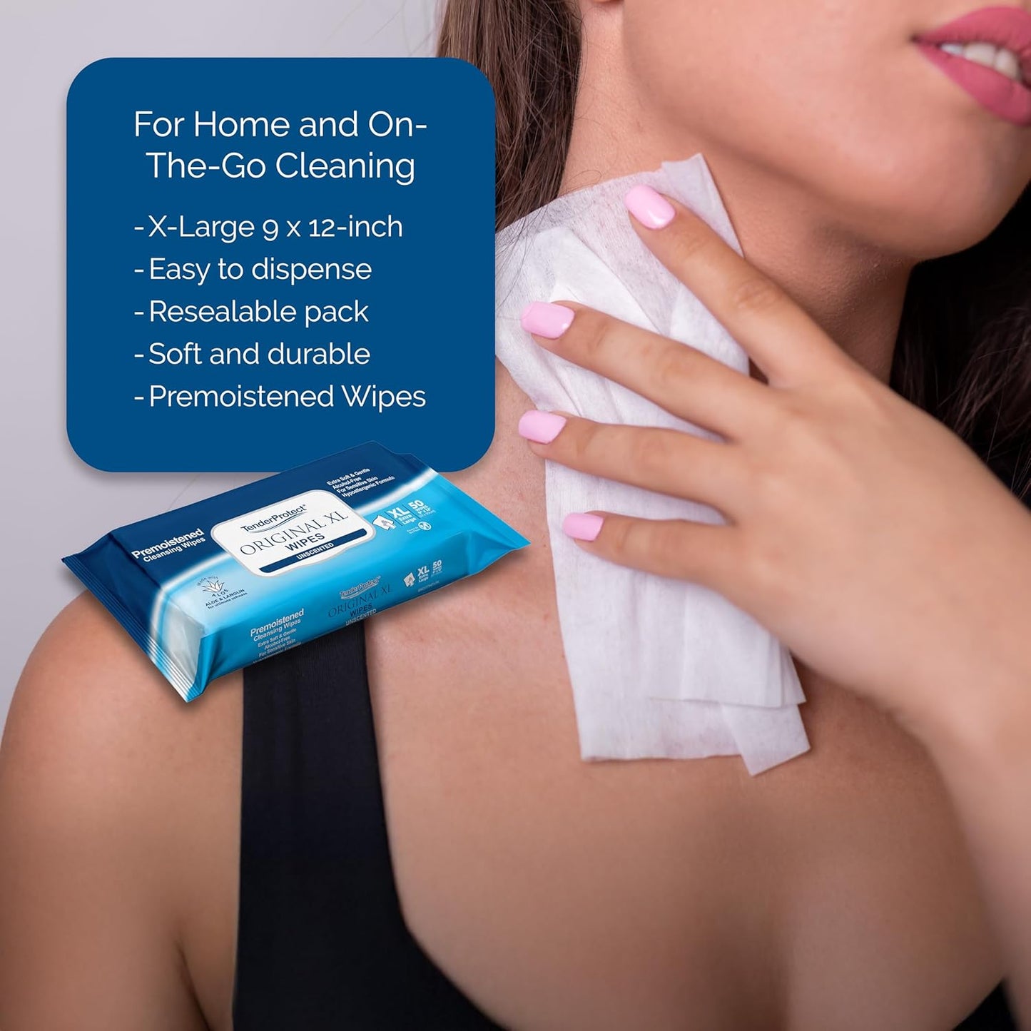 TenderProtect® Original XL Premium Adult Wipes (50/Pk), Extra-Large 9"x12" Wet Wipes with Aloe, Wash Cloths for Babies & Elderly, Incontinence, Hands & Body Cleaning