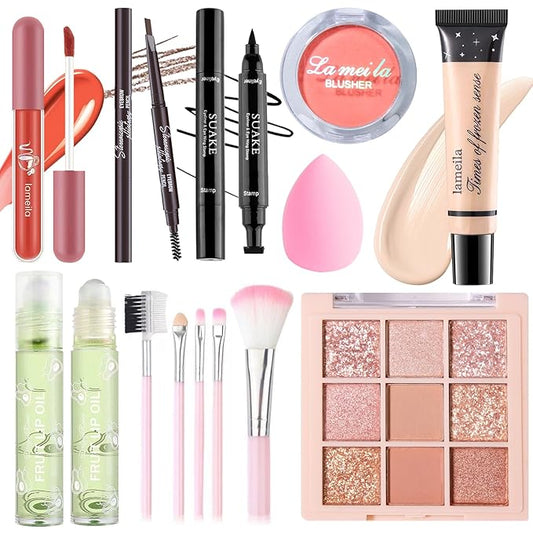 Makeup Set for Girls Teens Women, Makeup Present Set, Makeup Kit, Includes Eyeshadow Palette, Foundation, Blusher, Eyebrow Pencil, Eyeliner, Lip Gloss, Lip Oil, Makeup Brushes & Sponge