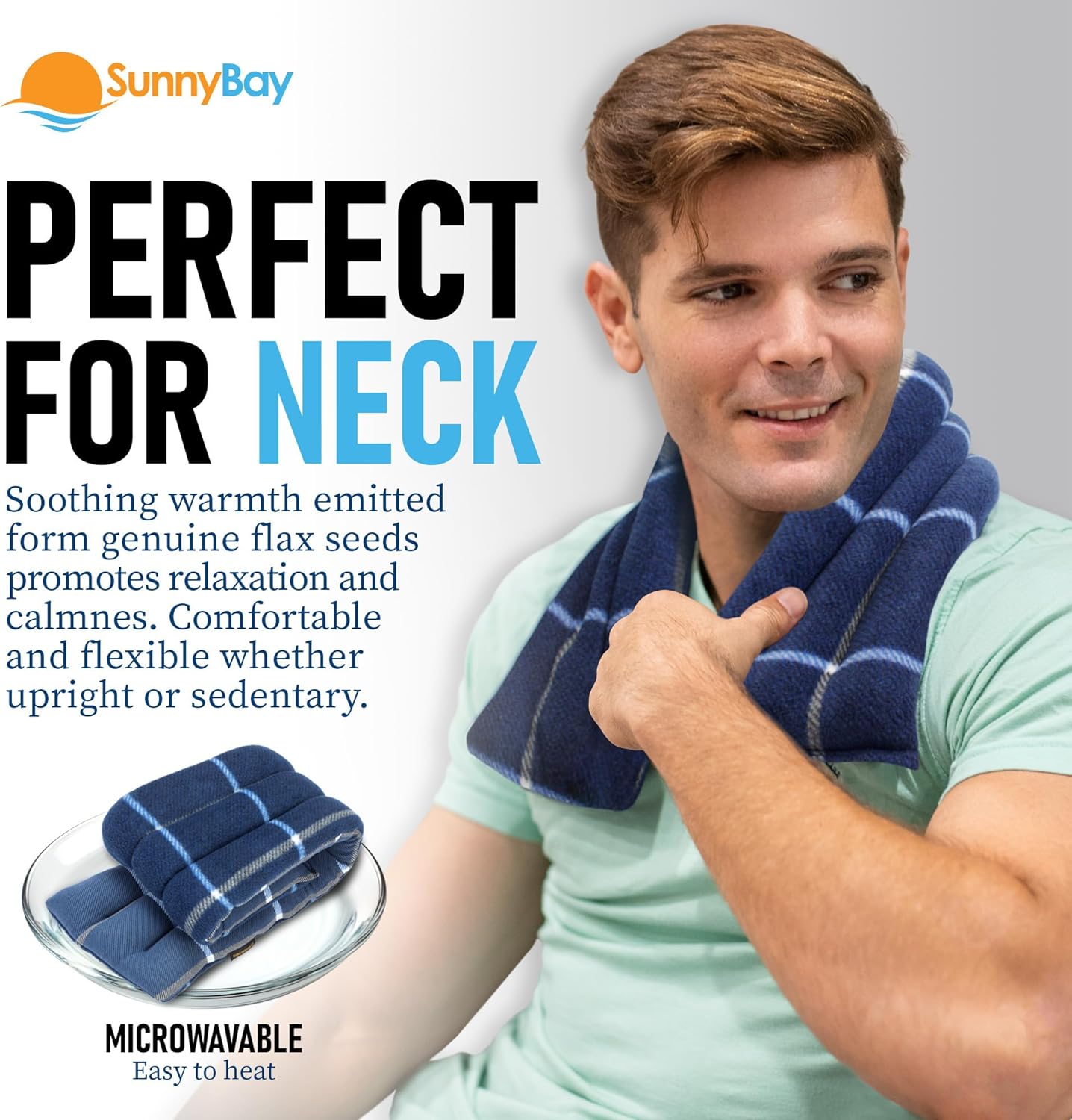 SunnyBay Microwave Heating Pad, Microwavable Heated Neck and Shoulder Wrap for Moist Hot Lightly Weighted with Moldable Flaxseed, Cotton and Fleece Surface, 26x6 Inches, Made in USA, Ocean Blue